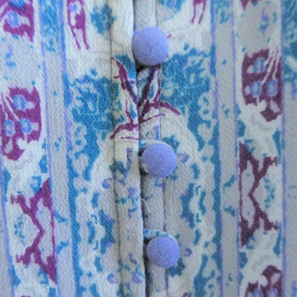 Free People Tunic Top Blue Purple Geo Floral Long Bell Sleeves Ruffle Collar S - Picture 5 of 9